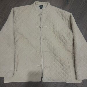 Eileen Fisher Quilted Beige  Cream Jacket Coat 100% Silk Large Knot/Loop Closure